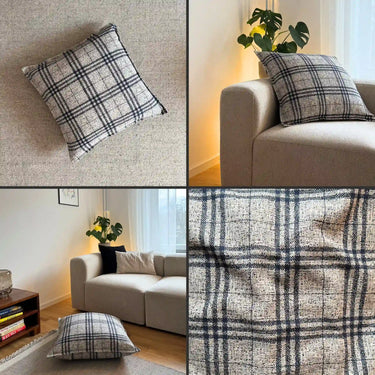 Coco möbeltyg använt till prydnadskudde på soffa i ett ljust vardagsrum, som visar hur tygets struktur och mönster ger ett ombonat och stilrent uttryck.